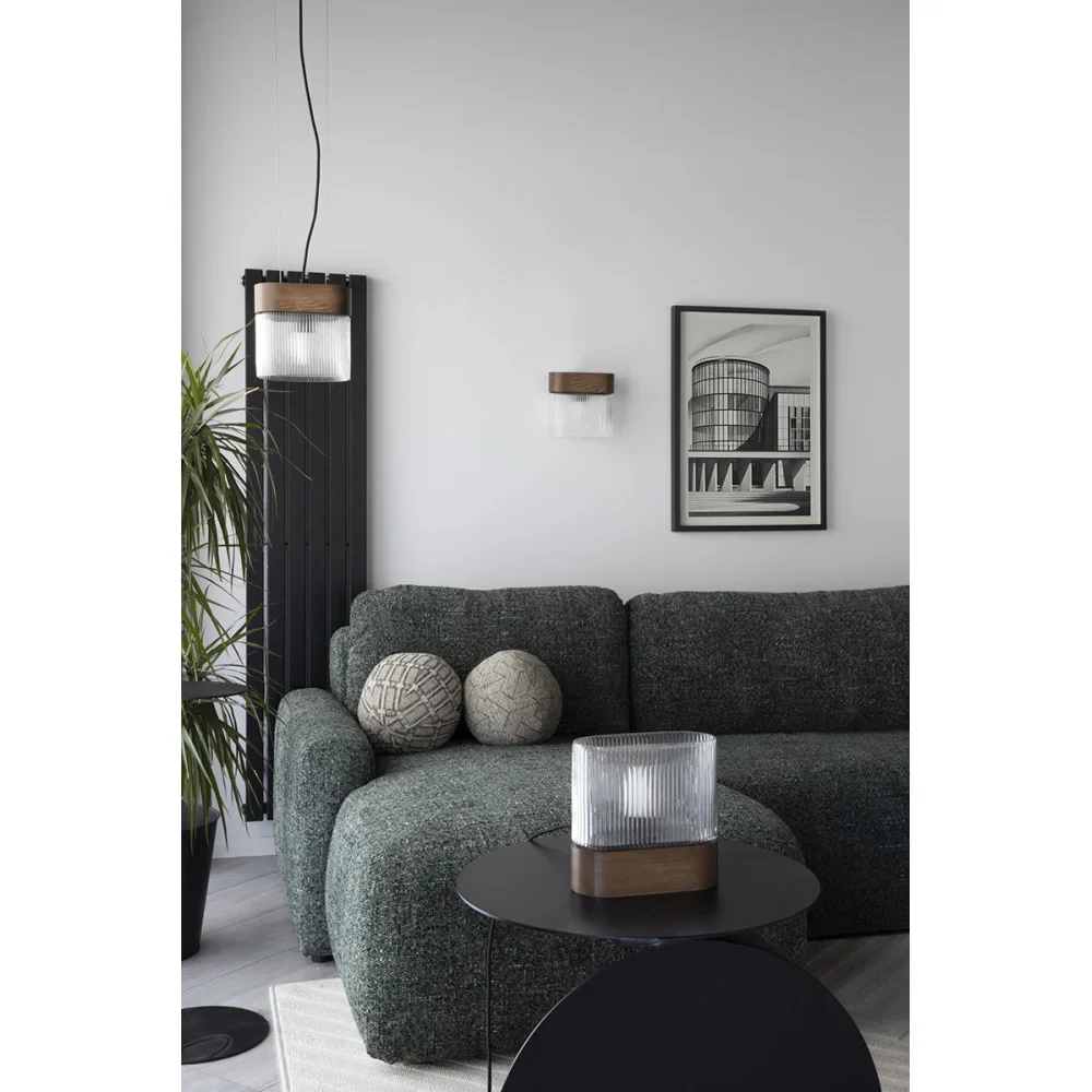 Lampa stołowa FLUMINA szkło ryflowane i czarne drewno jesionowe - Image 5