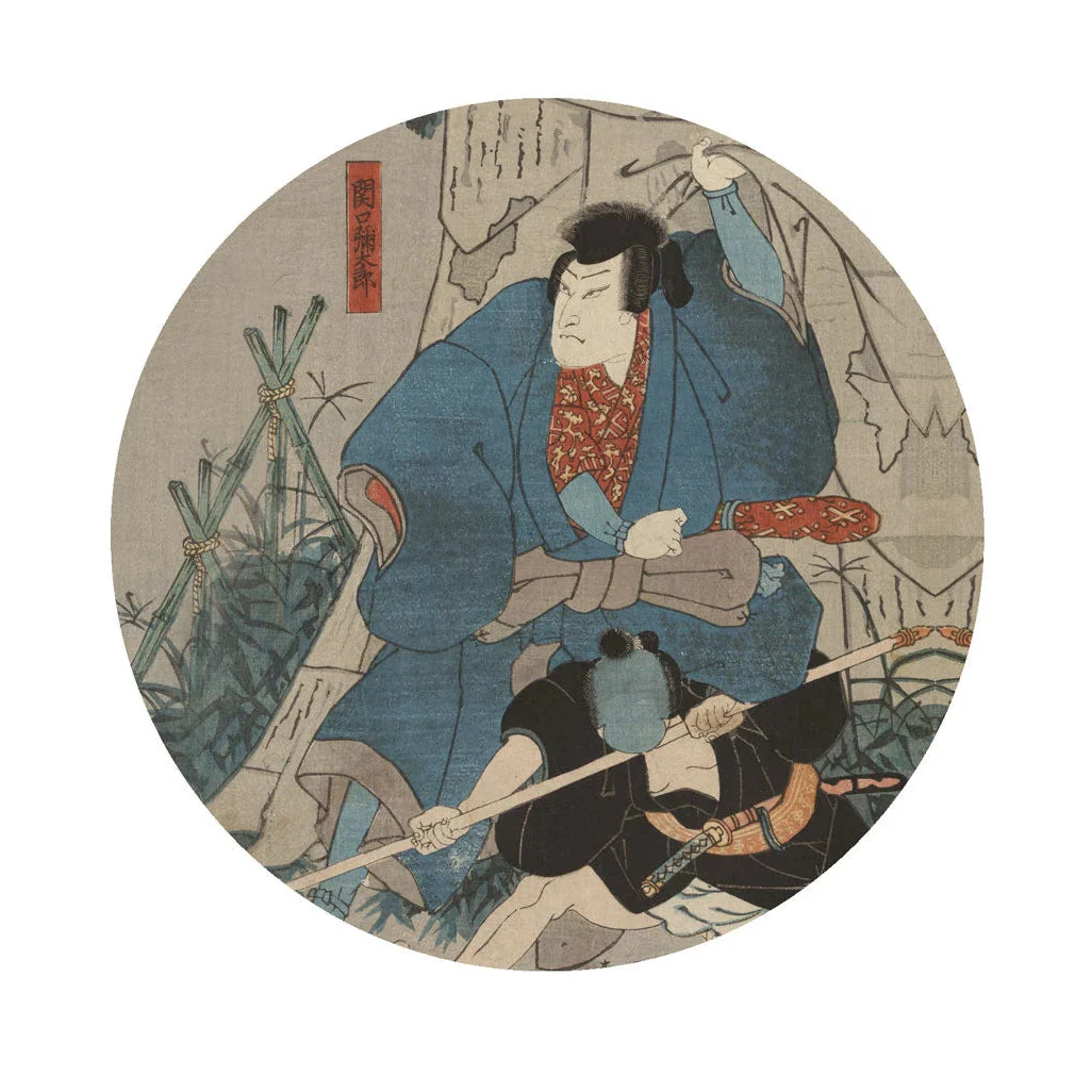 Mural w kształcie koła DOTS - SAMURAI SAGA beżowy z niebieskim