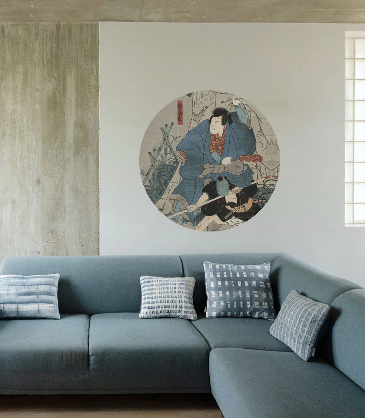 Mural w kształcie koła DOTS - SAMURAI SAGA beżowy z niebieskim - Image 2