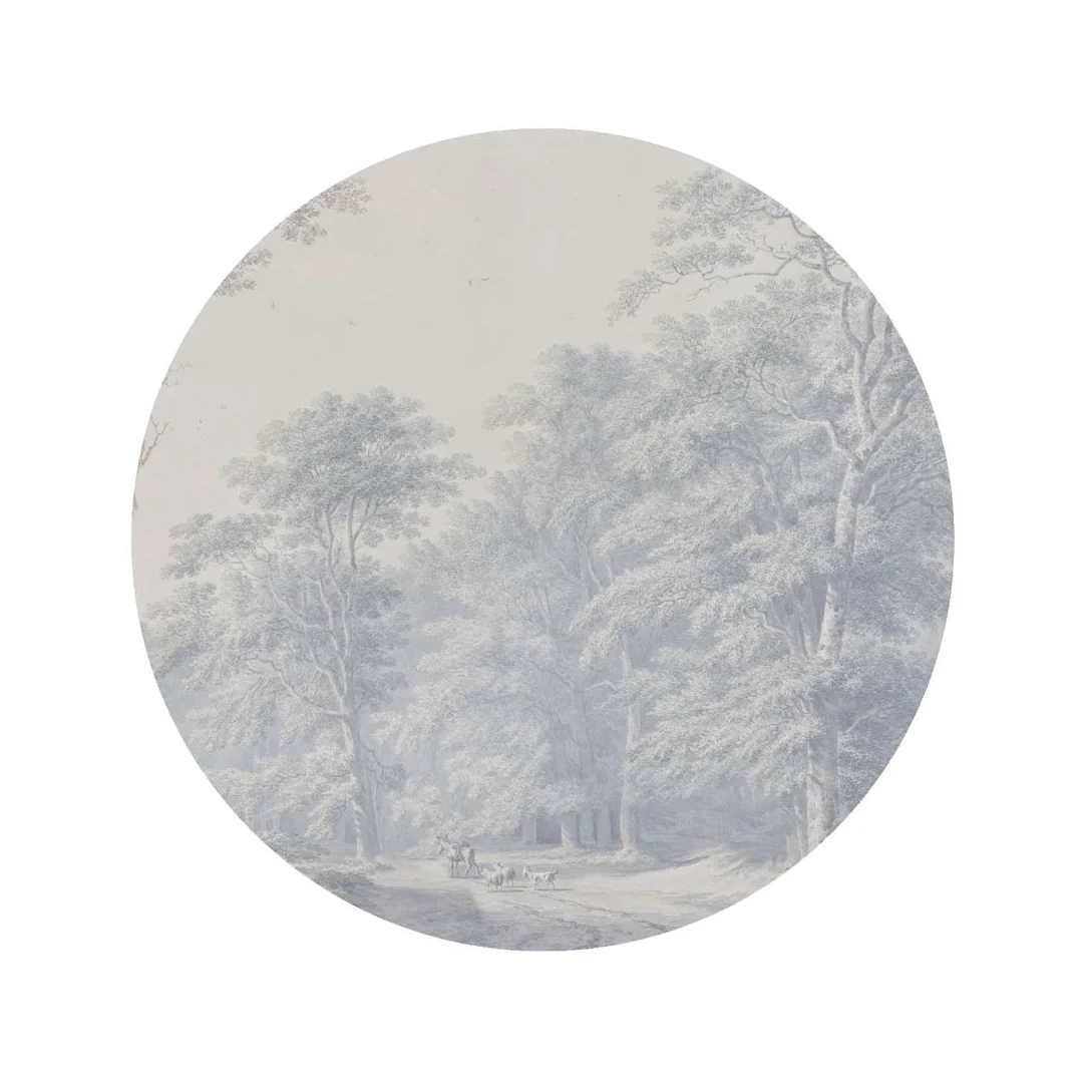 Mural w kształcie koła DOTS - WATERCOLOR GROVE zgaszony niebieski