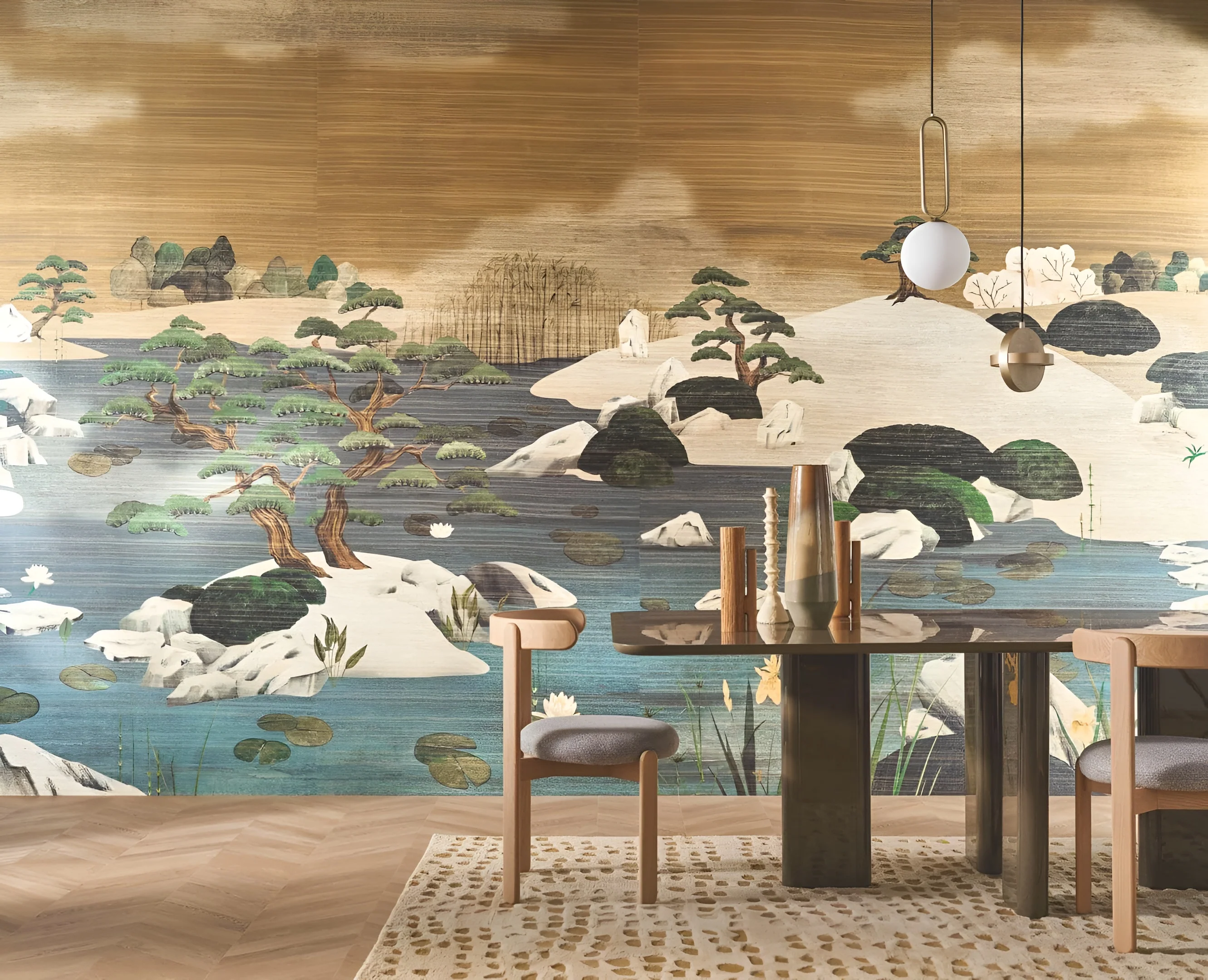 Mural tekstylny z japońskim krajobrazem ADACHI - MORDORÉ MARINE niebieski z brązem - Image 3