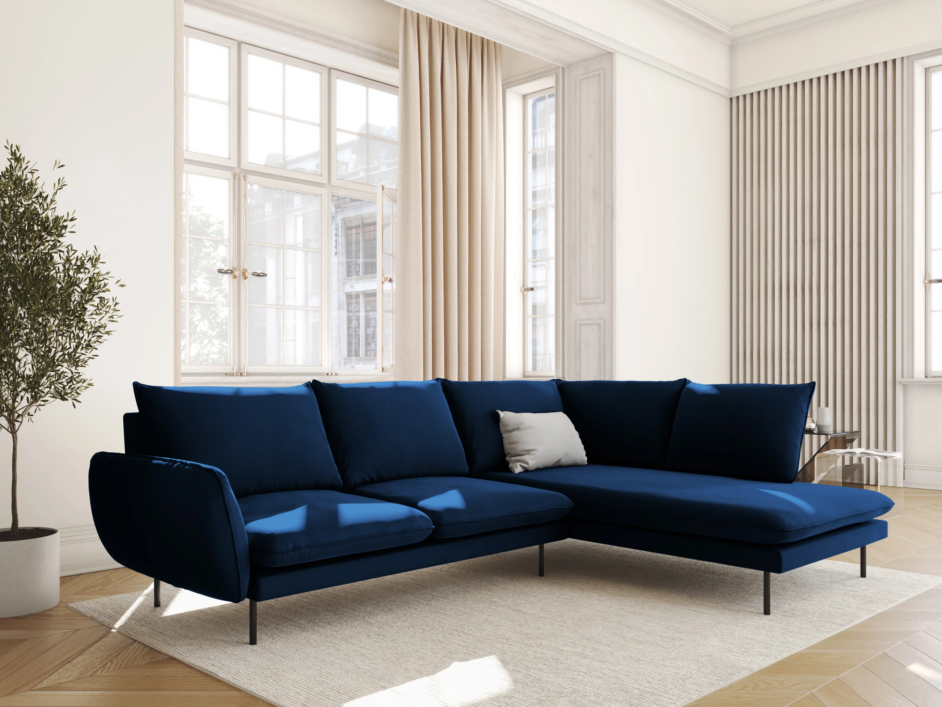 Sofa panoramiczna aksamitna 6-osobowa VIENNA granat królewski z czarną podstawą - Image 2