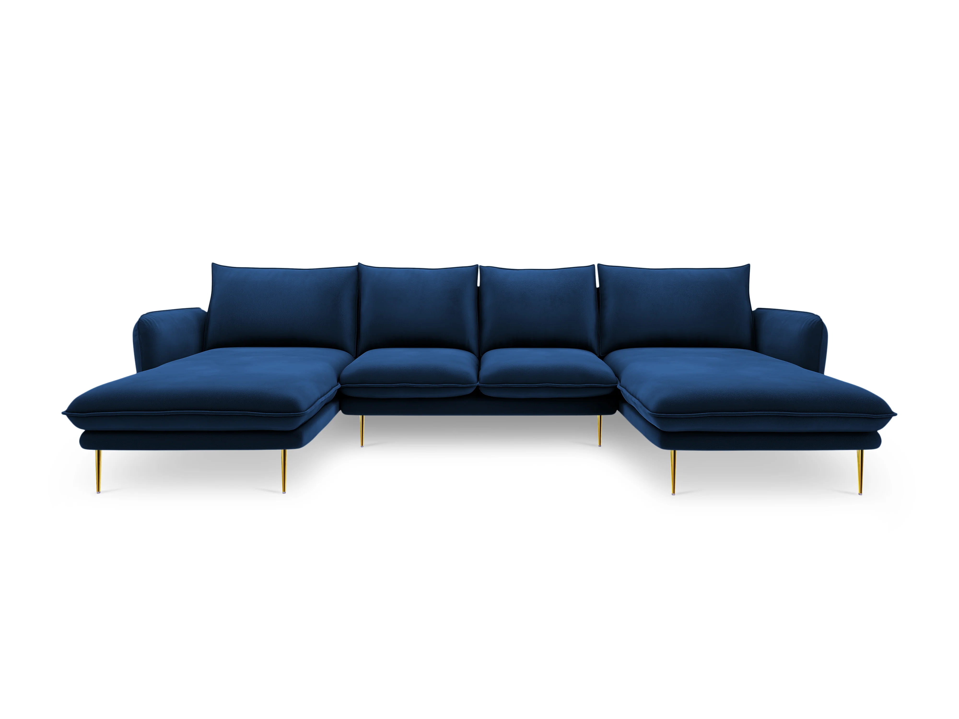 Sofa panoramiczna aksamitna 6-osobowa VIENNA granat królewski ze złotą podstawą - Image 4