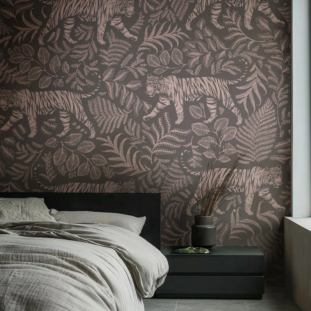 Tapeta z motywem zwierzęcym CAMOUFLAGED TIGER GRAY PINK szary z różowym