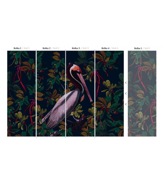 Tapeta flizelinowa z motywem zwierzęcym NIGHT PELICANS granatowy z zielonym - Image 2
