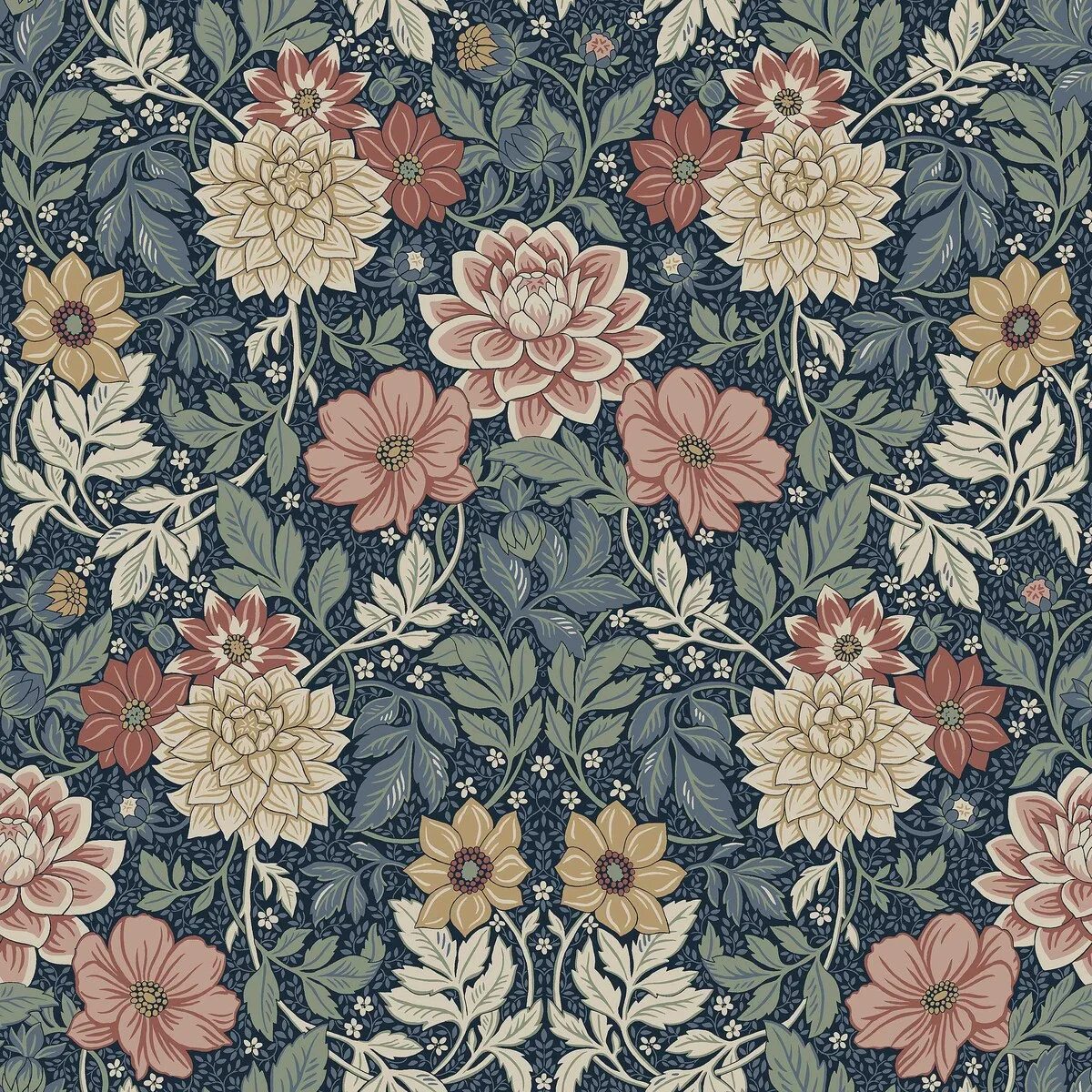 Tapeta flizelinowa papierowa z roślinnym wzorem DAHLIA GARDEN ciemny niebieski z beżowym i różowym