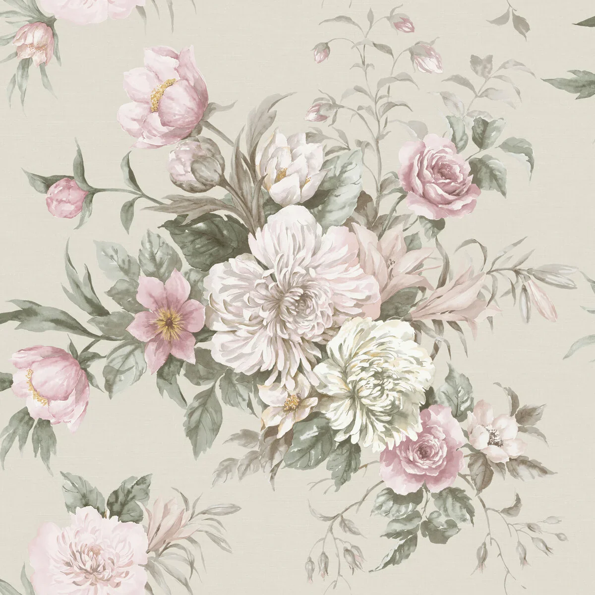 Tapeta flizelinowa papierowa z roślinnym wzorem FLORAL CHARM beżowy z różowym