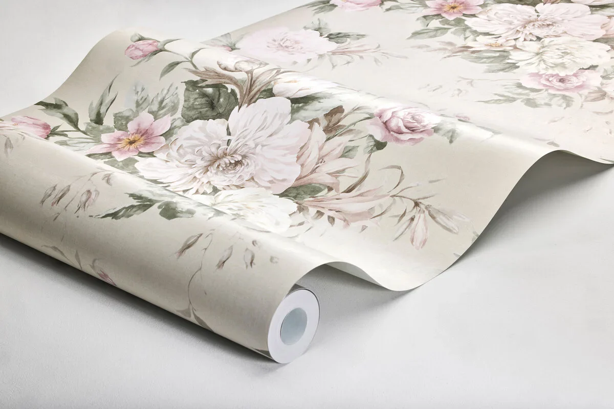 Tapeta flizelinowa papierowa z roślinnym wzorem FLORAL CHARM beżowy z różowym - Image 3