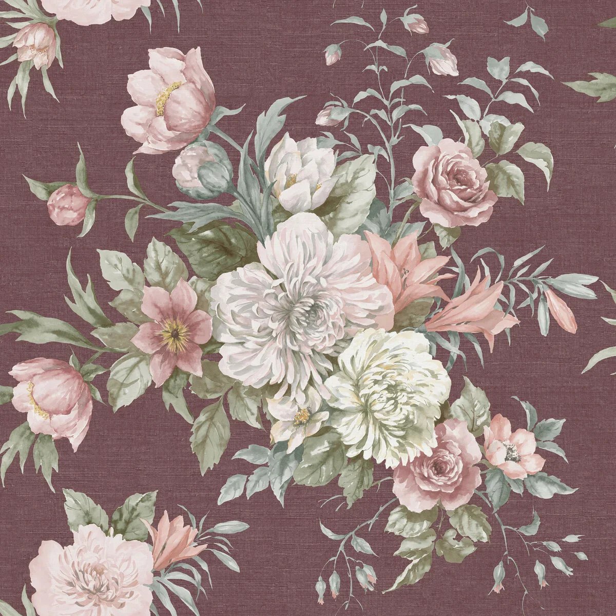 Tapeta flizelinowa papierowa z roślinnym wzorem FLORAL CHARM burgundowy z białym