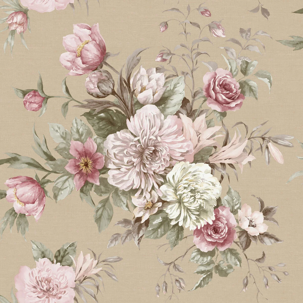 Tapeta flizelinowa papierowa z roślinnym wzorem FLORAL CHARM ciemny beż z różowym i białym