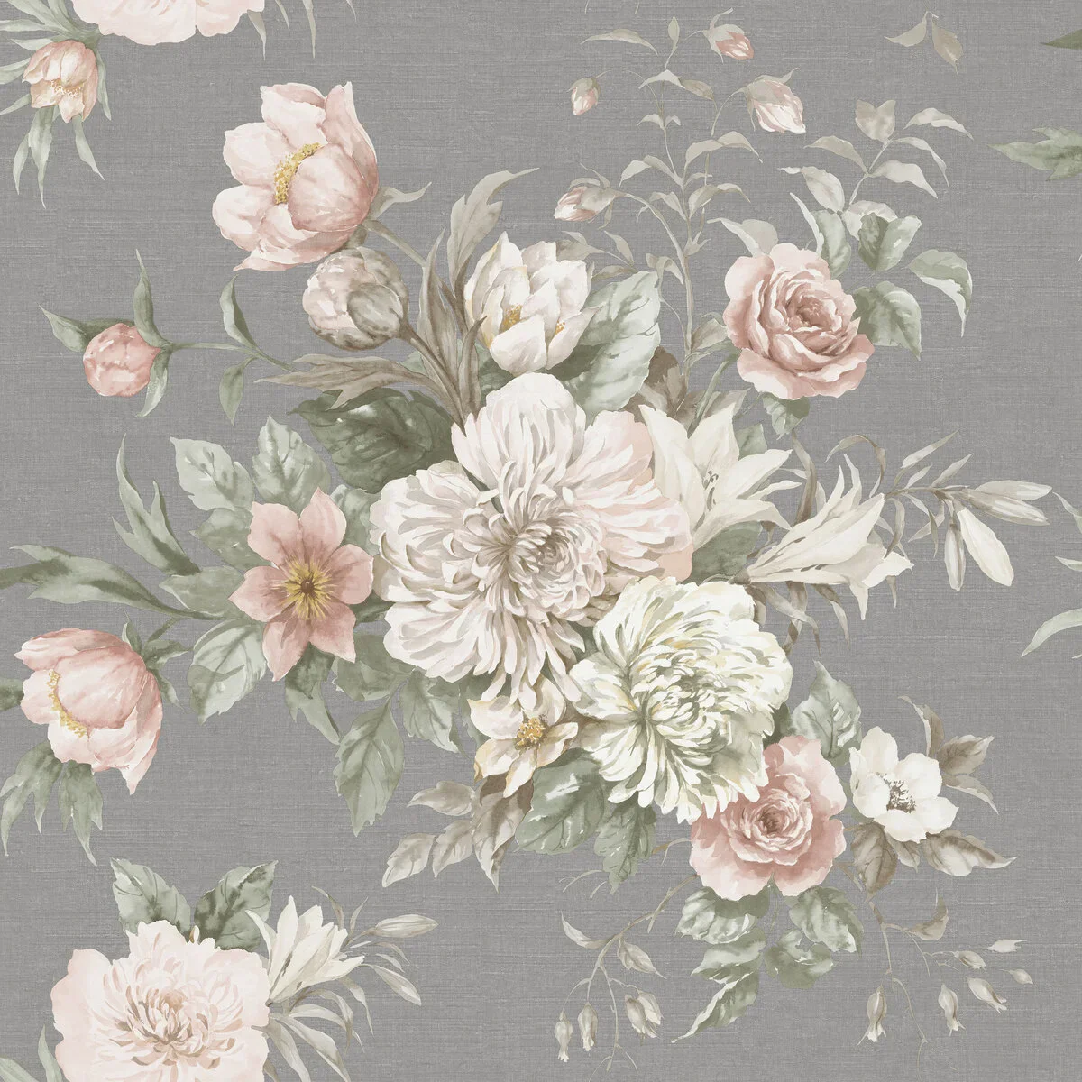 Tapeta flizelinowa papierowa z roślinnym wzorem FLORAL CHARM szary z białym i różowym