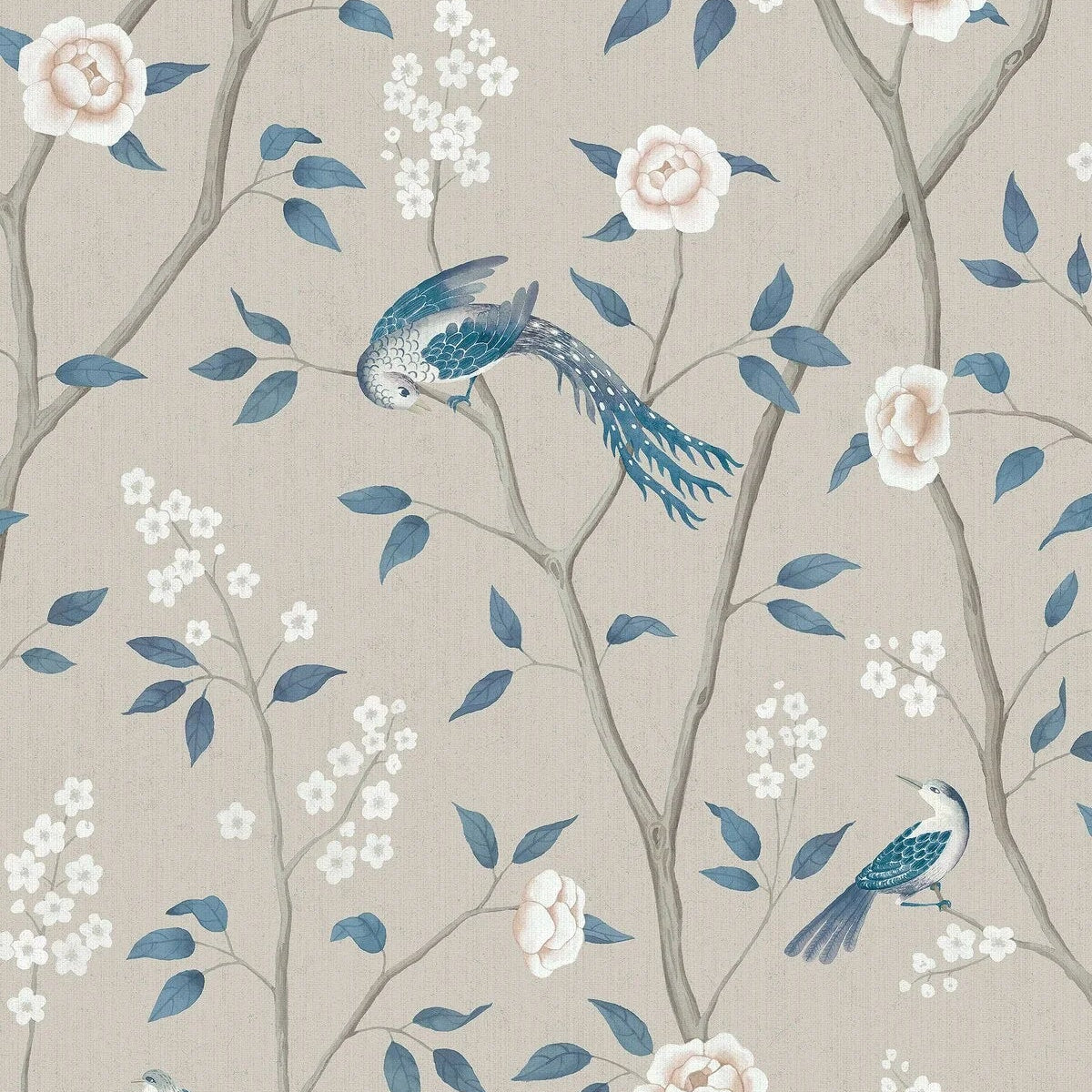Tapeta flizelinowa papierowa z roślinnym wzorem PARADISE BIRDS ciemny beż z niebieskim