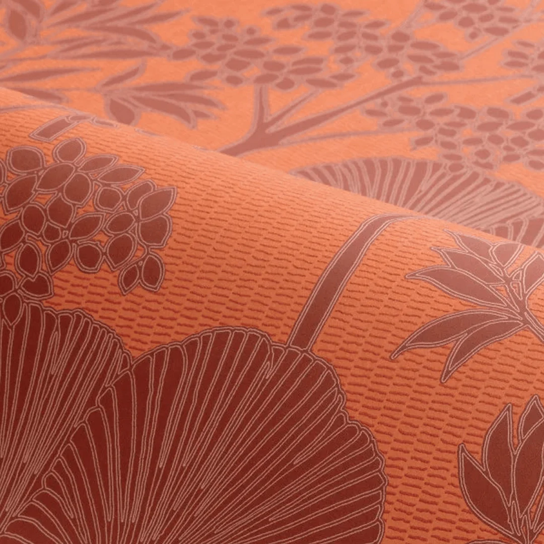 Tapeta strukturalna z roślinnym wzorem liści i kwiatów INARA - ORANGE BRÛLÉ pomarańczowy - Image 3