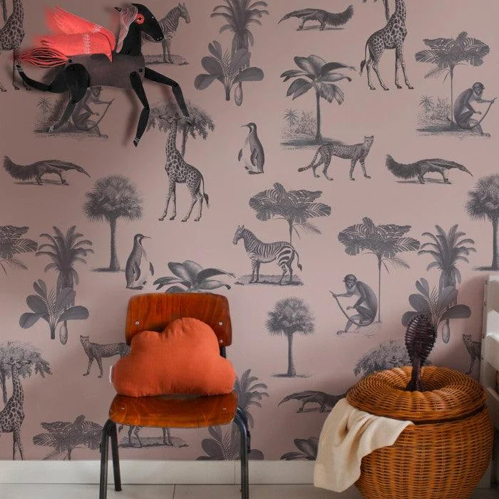 Tapeta flizelinowa z motywem zwierzecym VINTAGE ANIMALS purpura z różówym