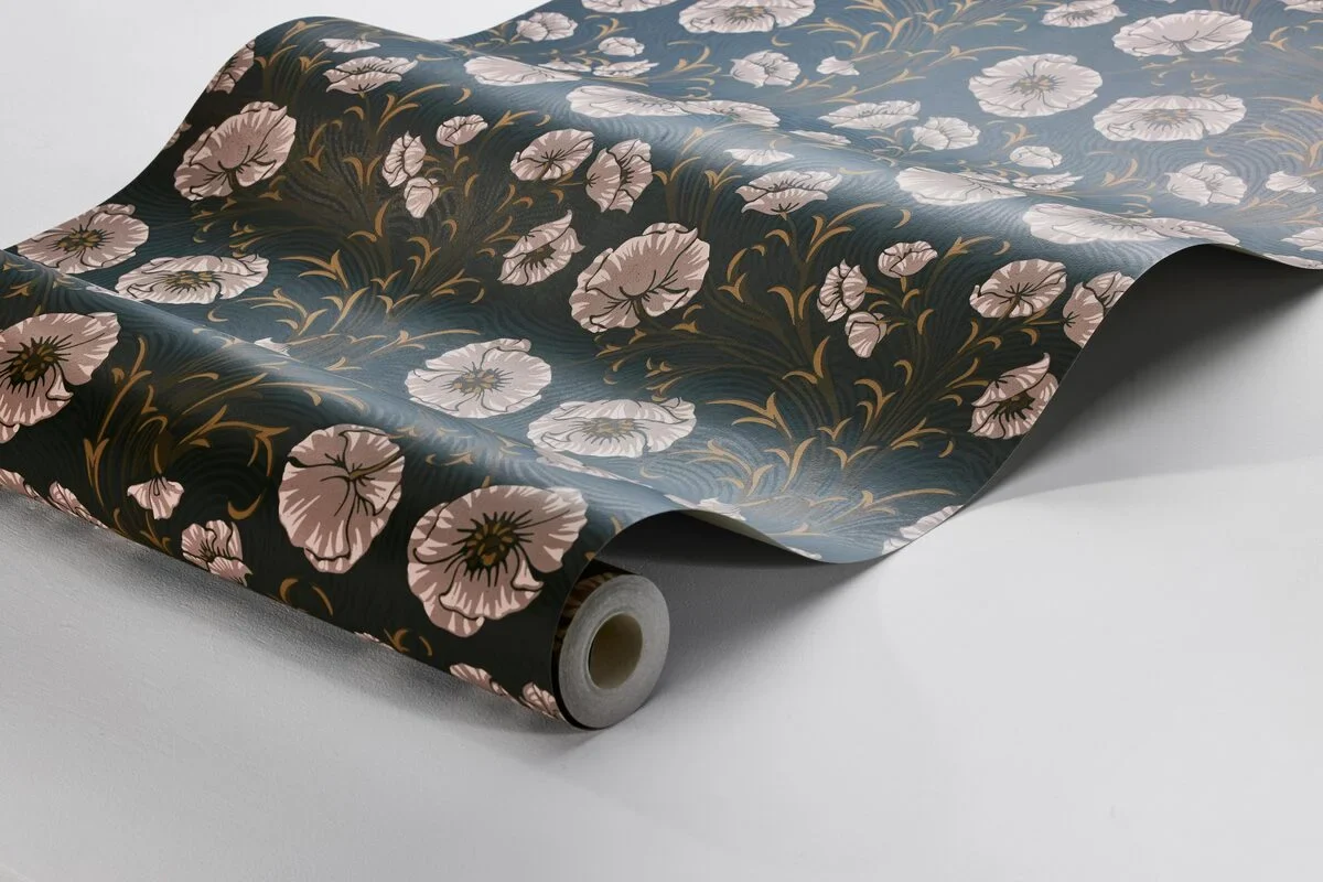 Tapeta z motywem roślinnym kwiatów POPPY FLOW ciemny zielony z beżowym - Image 5