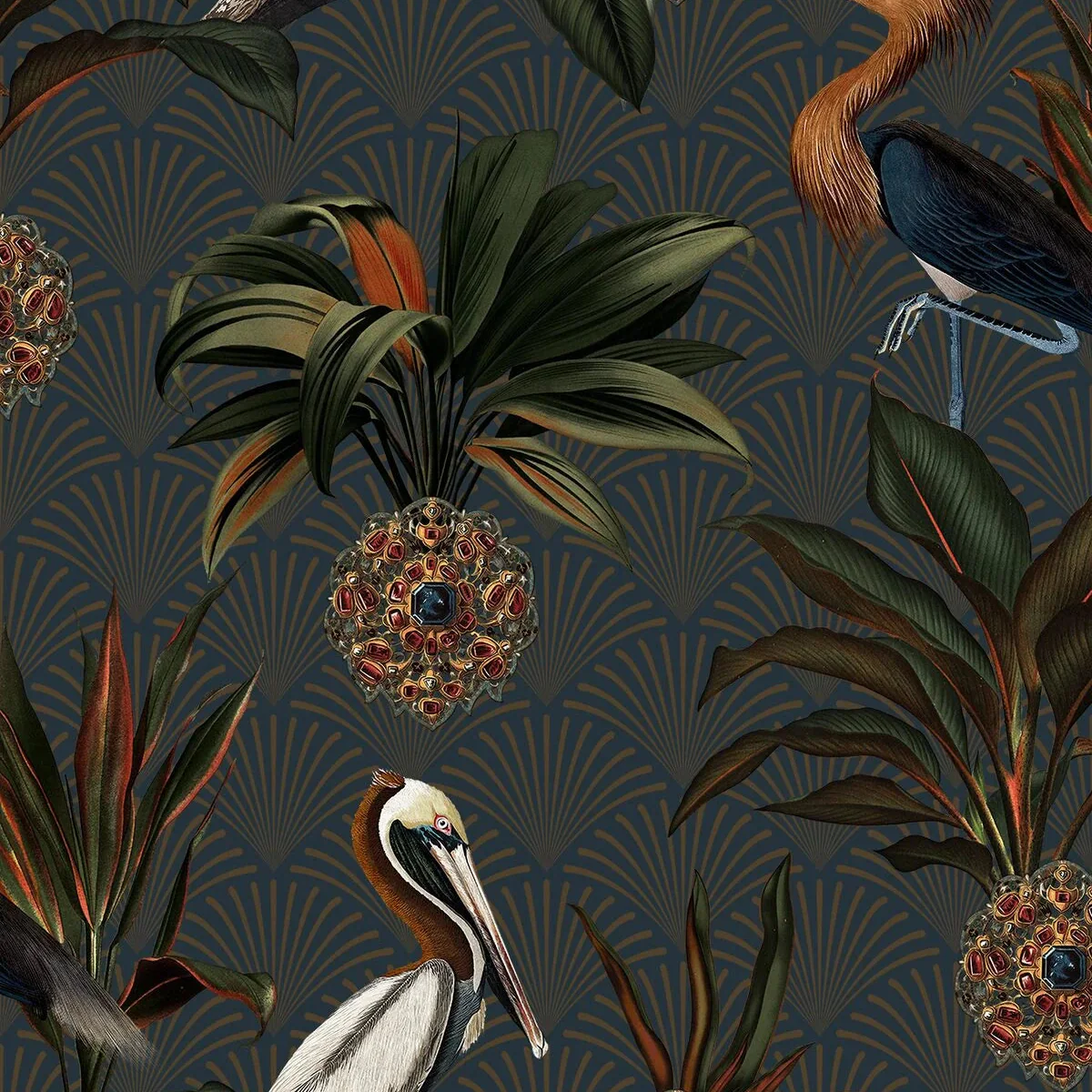 Tapeta z motywem zwierzęcym ptaków SAPPHIRE BIRDS ciemnozielony